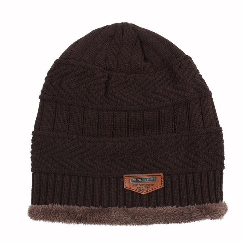 Fashion Brown Fleece Knitted Label Pullover Hat