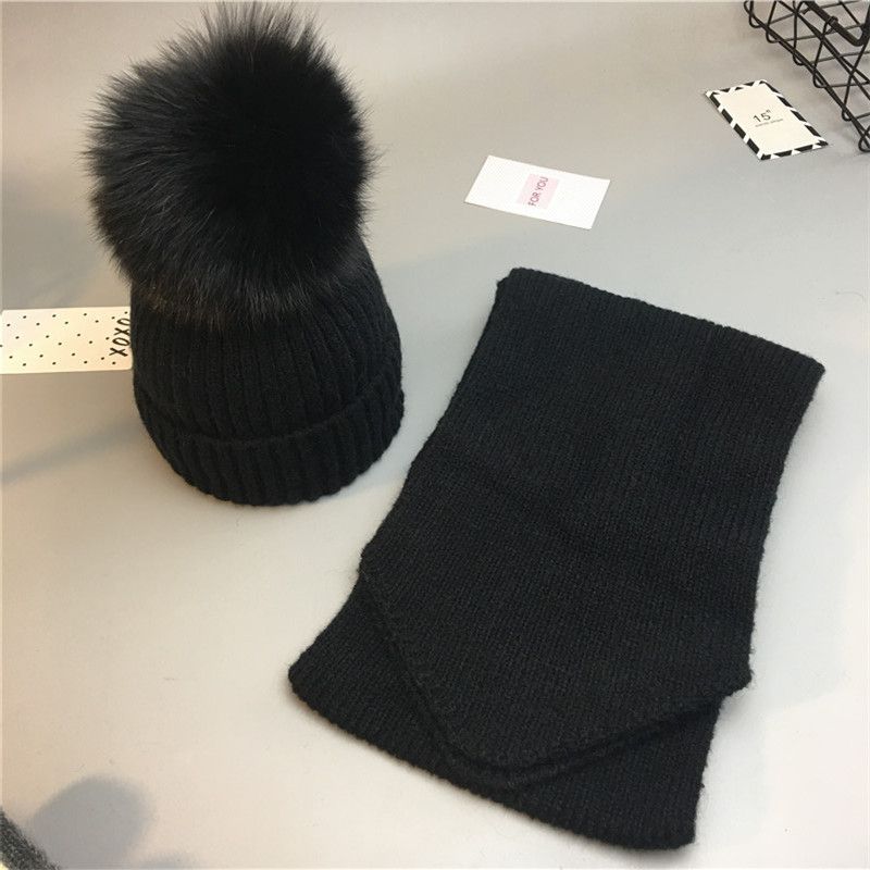 Fashion Black Hat And Scarf For Children 1-8 Years Old Wool Knitted Wool Ball Children's Beanie + Scarf
