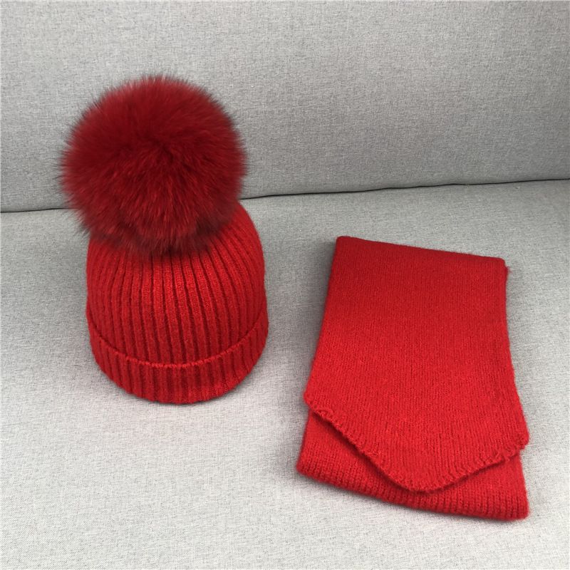 Fashion Hat Scarf Red Adult Style Wool Knitted Wool Ball Beanie + Scarf