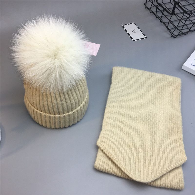 Fashion Beige Adult Style Hat And Scarf Wool Knitted Wool Ball Beanie + Scarf