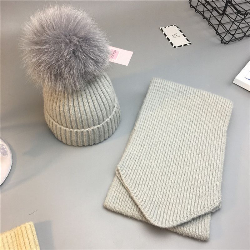 Fashion Hat And Scarf Light Gray Adult Style Wool Knitted Wool Ball Beanie + Scarf