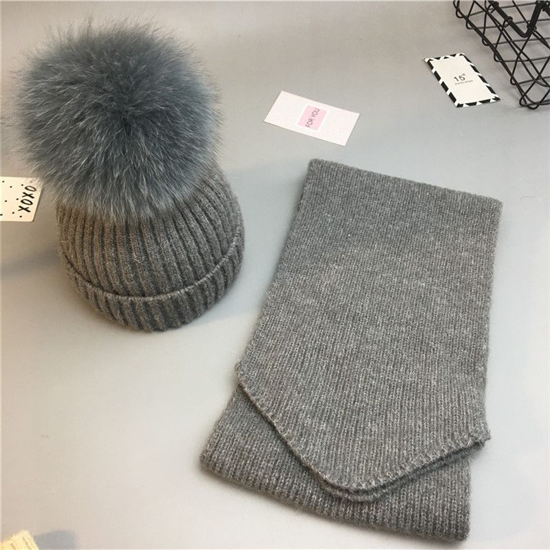 Fashion Hat And Scarf Dark Gray Adult Style Wool Knitted Wool Ball Beanie + Scarf