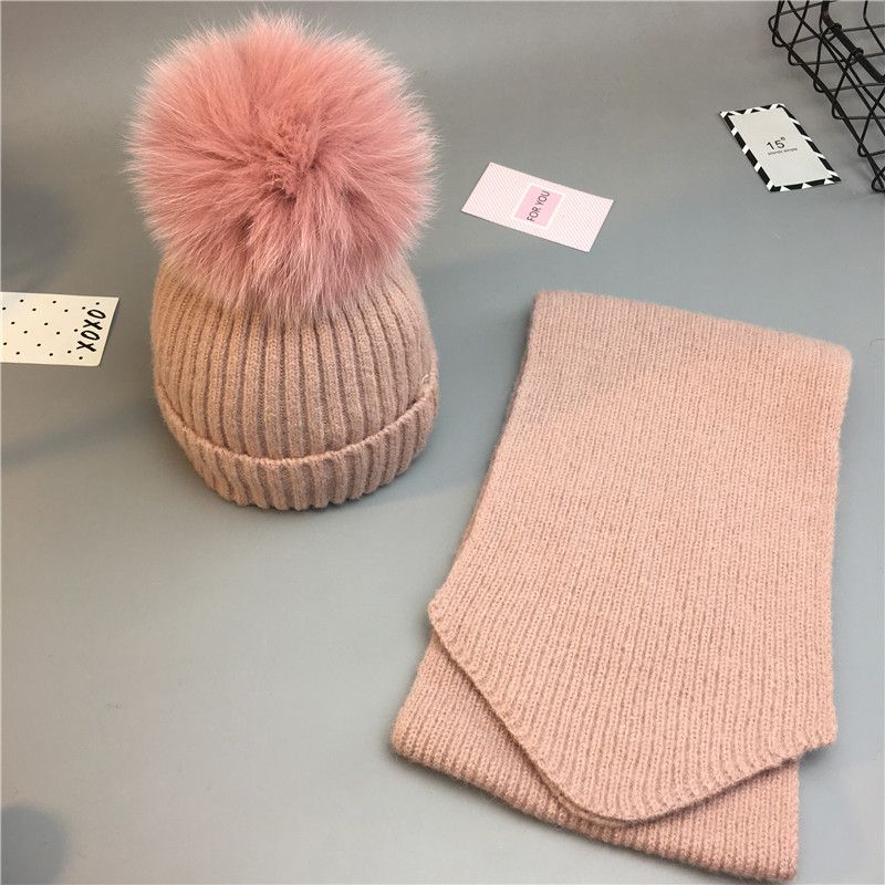 Fashion Hat Scarf Pink Adult Style Wool Knitted Wool Ball Beanie + Scarf