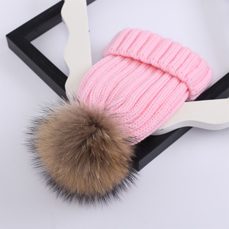 Fashion Pink Solid Color Knitted Fur Ball Beanie