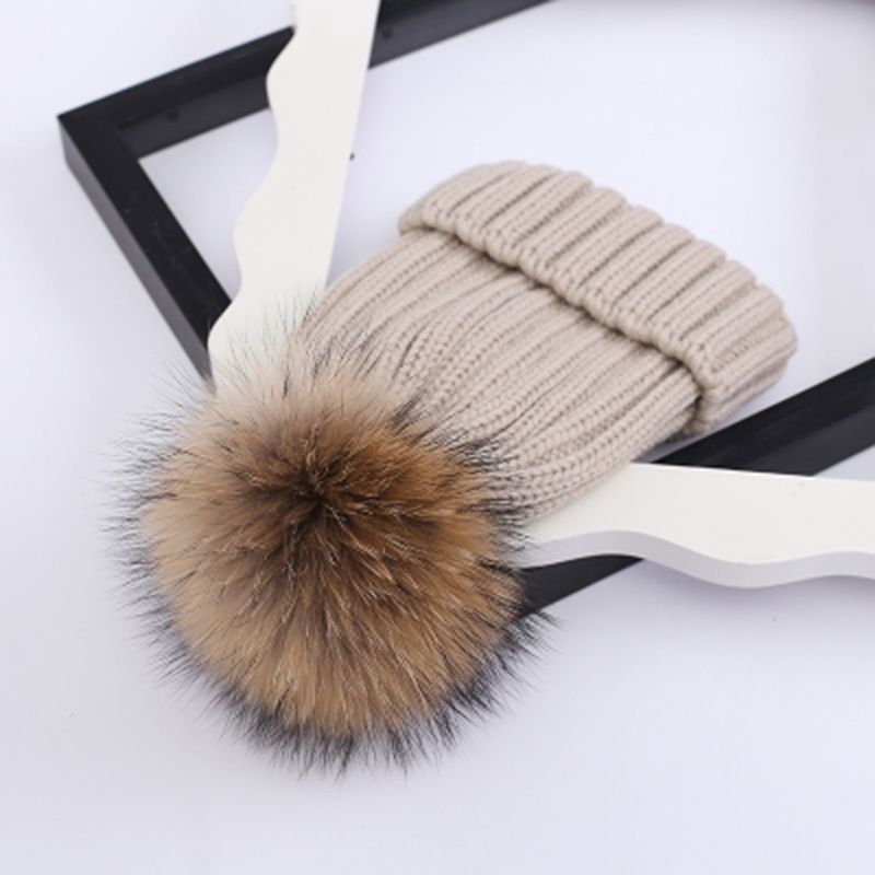 Fashion Beige Solid Color Knitted Fur Ball Beanie