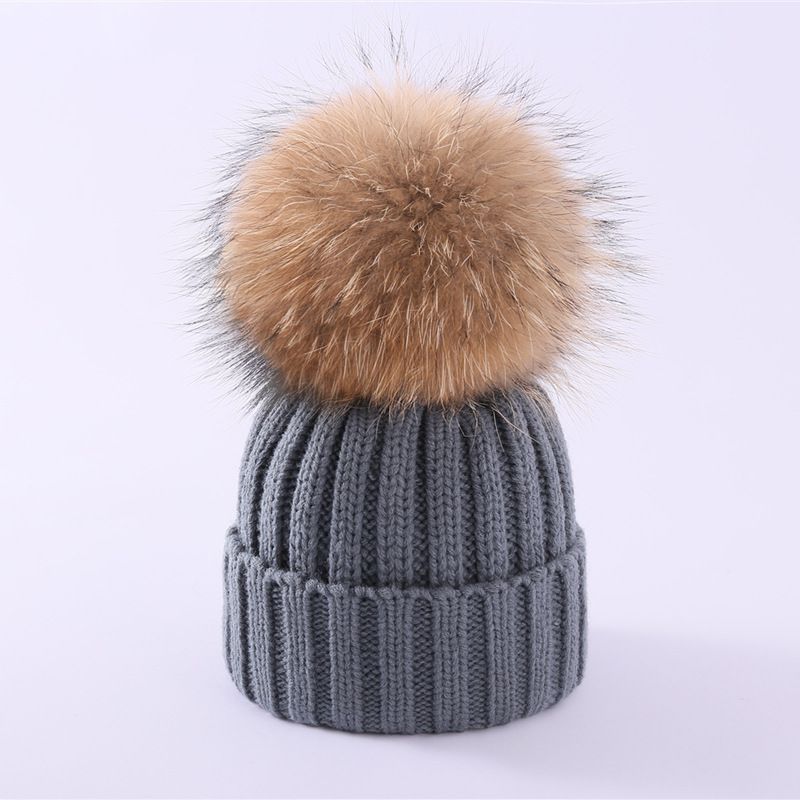 Fashion Dark Gray Solid Color Knitted Fur Ball Beanie