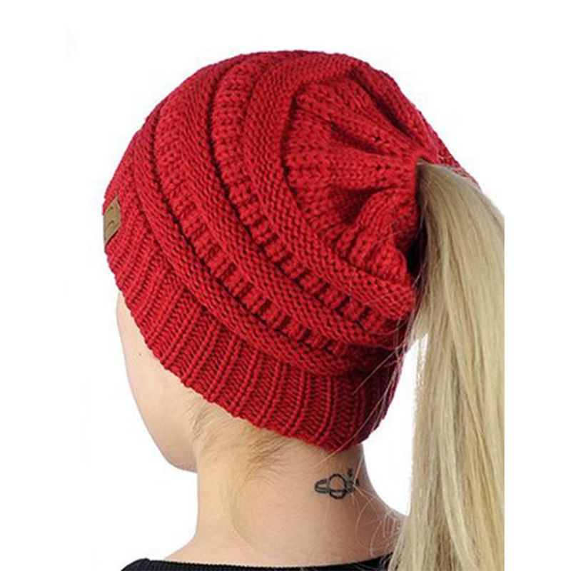 Fashion Red Solid Color Knitted Label Empty Top Beanie