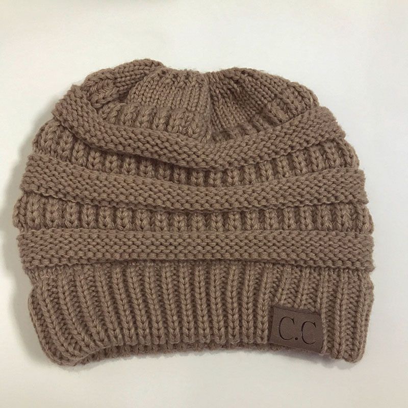 Fashion Khaki Solid Color Knitted Label Empty Top Beanie