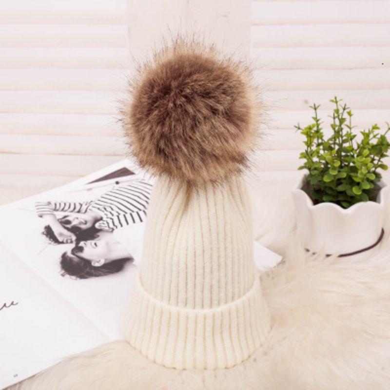 Fashion White Mohair Knitted Wool Ball Beanie