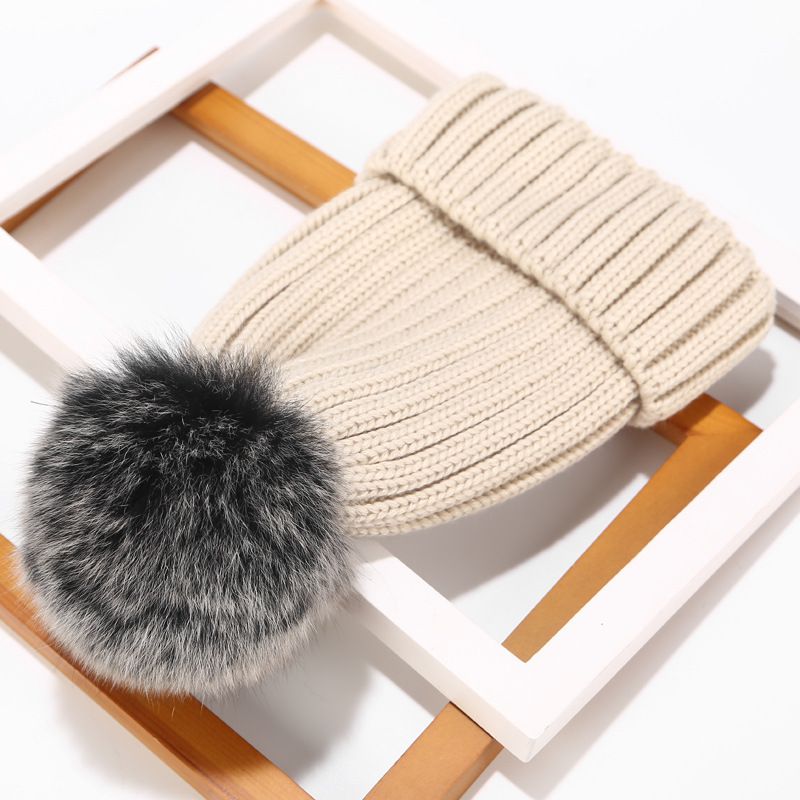 Fashion Frost Beige On Grass Solid Color Knitted Fur Ball Beanie
