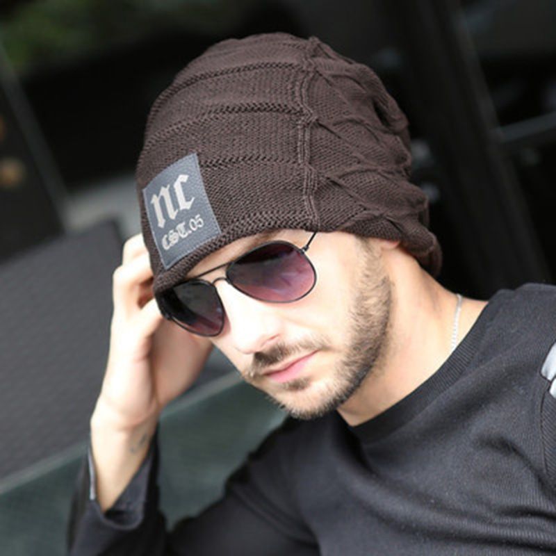 Fashion Brown Letter Patch Knitted Beanie