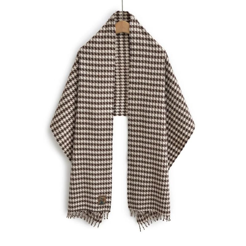 Fashion Coffee Color Faux Cashmere Houndstooth Fringed Scarf