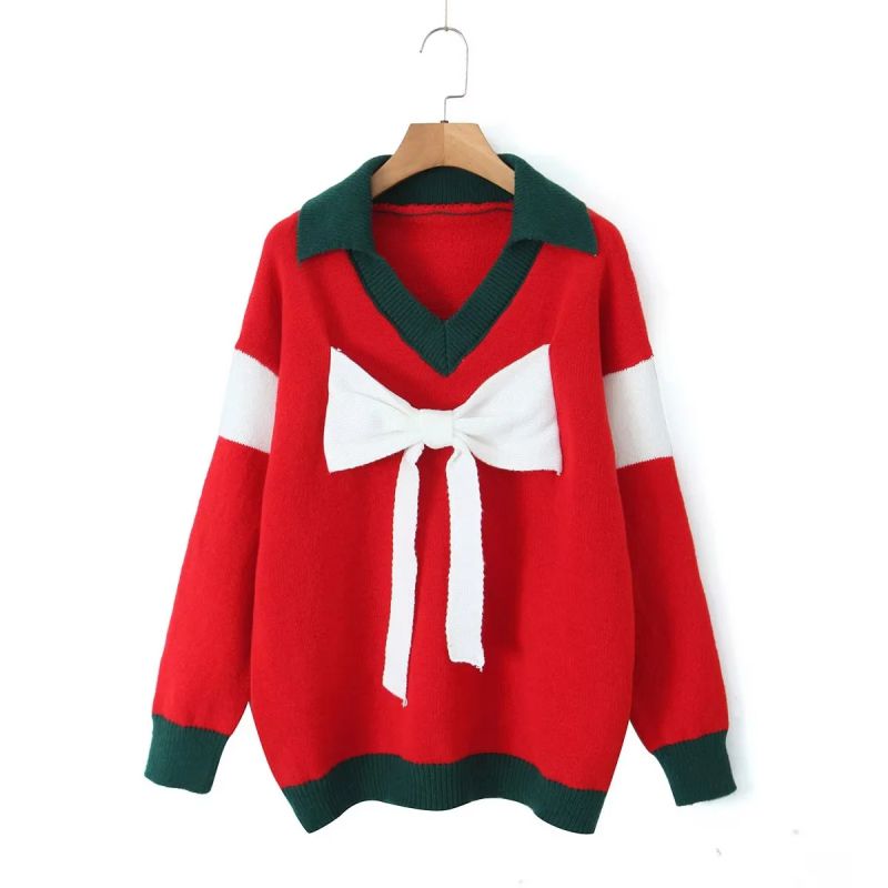 Fashion Red Polyester Jacquard Pullover Sweater
