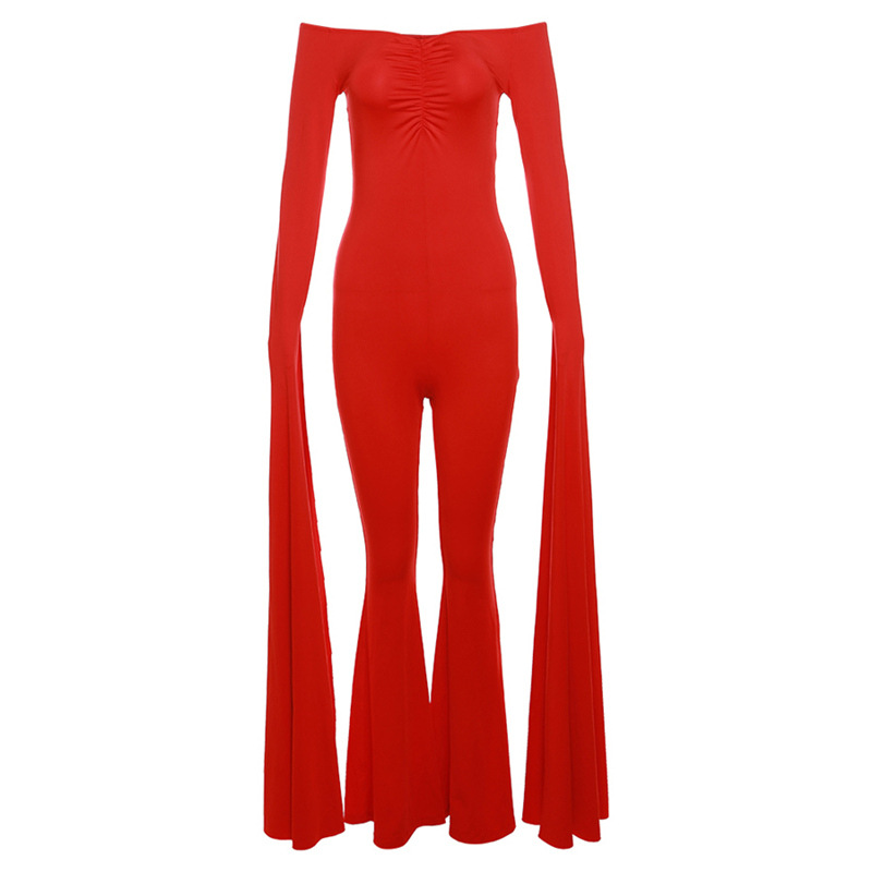 Fashion Red Polyester Long-sleeved Bateau Collar Boot-cut Jumpsuit
