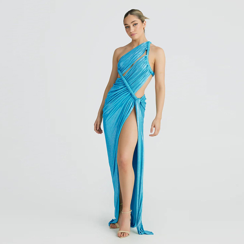 Fashion Blue Polyester Off-shoulder Hollow Evening Dress