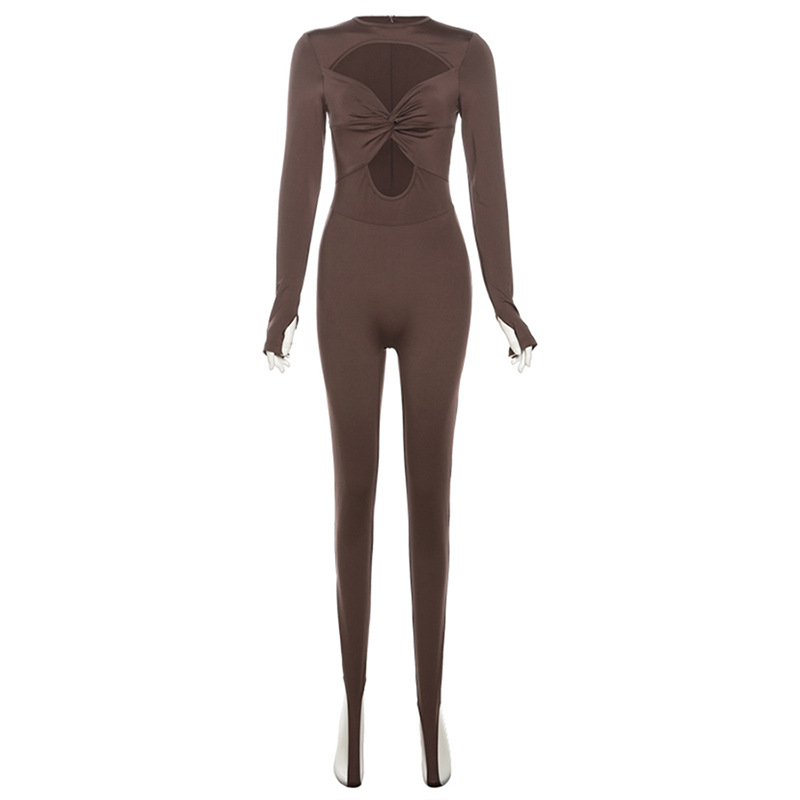 Fashion Brown Hollow Long Sleeve Knitted Bottoming Jumpsuit