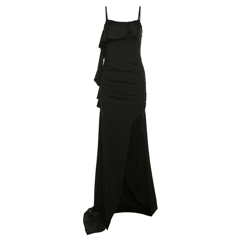 Fashion Black Suspender Earring Slit Evening Dress
