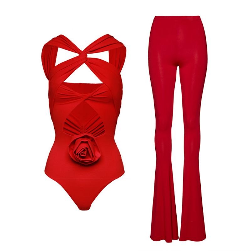 Fashion Hollow Flower Set Three-dimensional Flower Hollow One-piece Swimsuit And Pants Suit