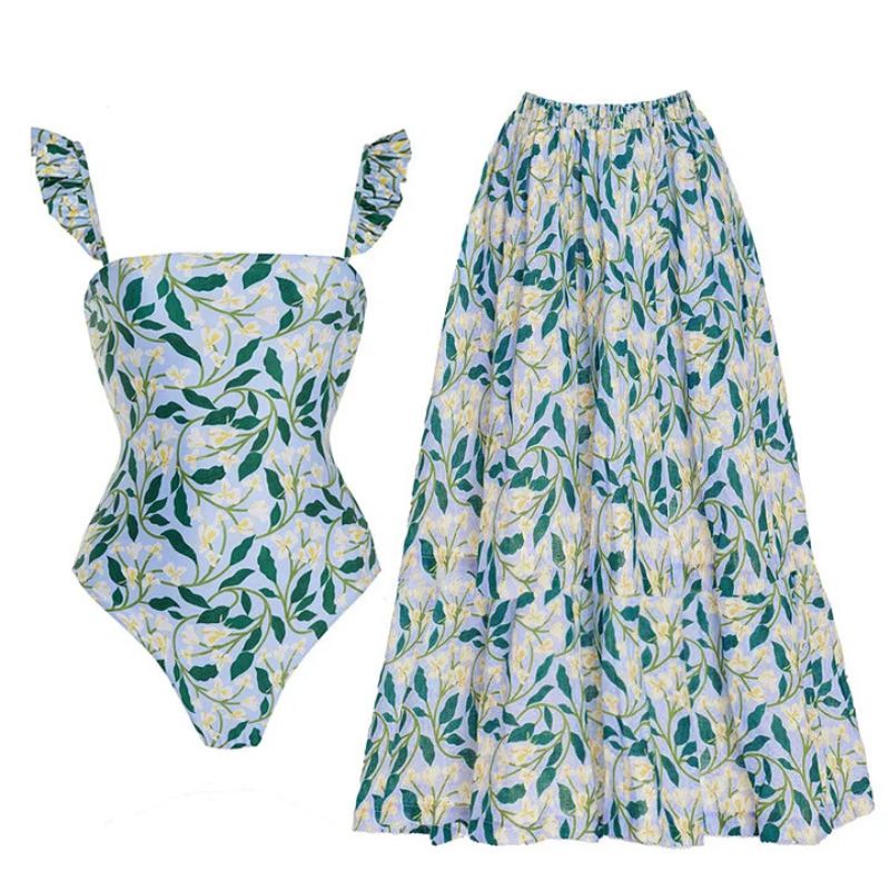 Fashion Suit (umbrella Skirt) Polyester Printed One-piece Swimsuit Pleated Skirt Set