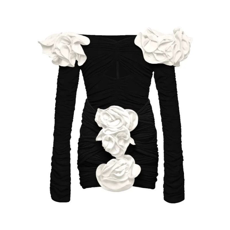 Fashion Black Long Sleeve Suit Polyester Floral Pleated One-shoulder Swimsuit Skirt Set