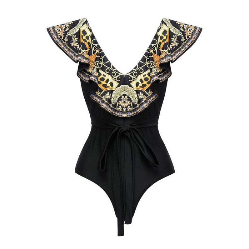 Fashion Single Ruffled Lace-up Swimsuit Polyester Printed One-piece Swimsuit