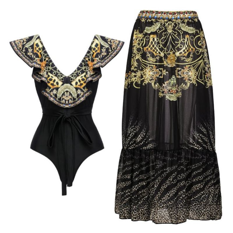 Fashion Ruffled Lace-up One-piece Umbrella Skirt Suit Polyester Printed Swimsuit Skirt Set