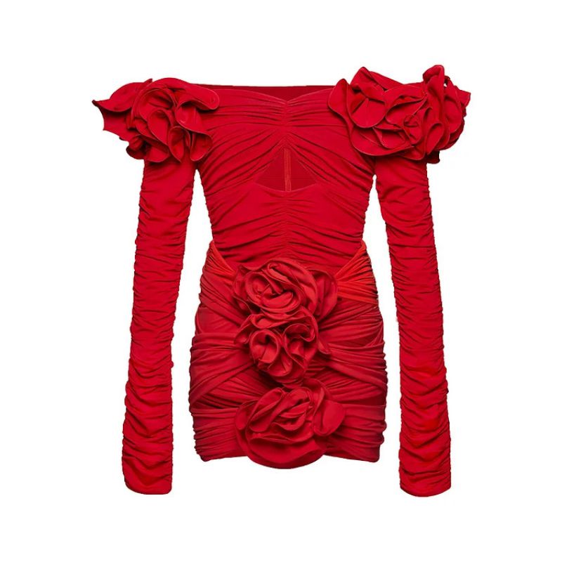 Fashion Red Long Sleeve Suit Polyester Floral Pleated One-shoulder Swimsuit Skirt Set