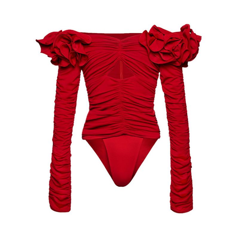 Fashion Red Long Sleeve Swimsuit Polyester Floral Pleated One-shoulder Swimsuit