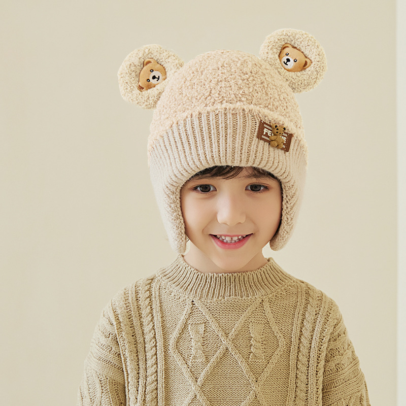 Fashion Beige Polyester Knitted Bear Children's Beanie