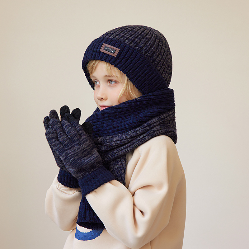 Fashion Children's Three-piece Set-navy Blue Acrylic Children's Knitted Label Beanie Scarf Five-finger Gloves Set