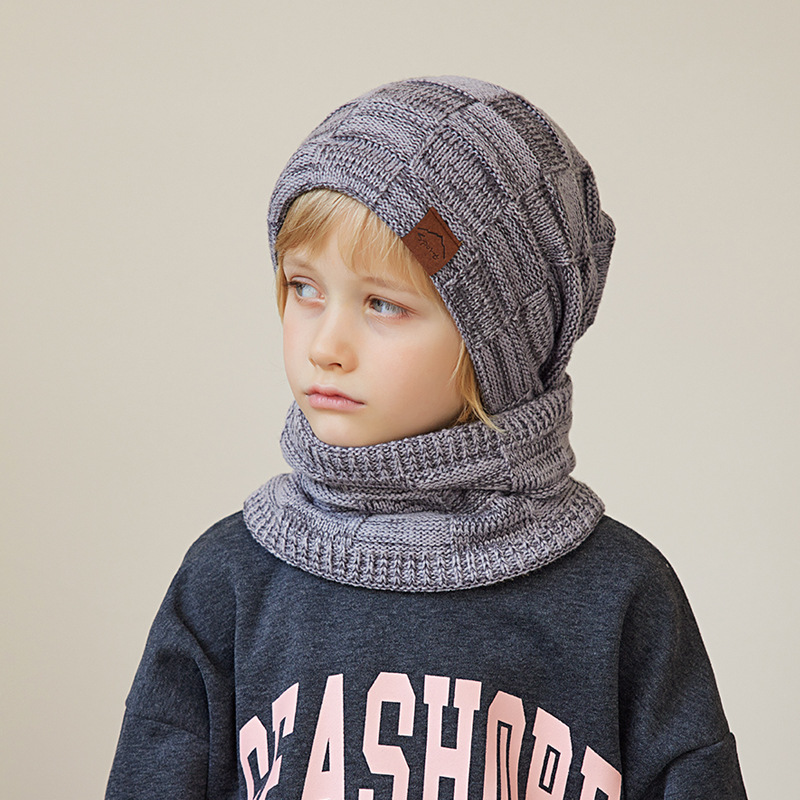 Fashion Children's Two-piece Set-grey Acrylic Children's Knitted Label Beanie And Scarf Set