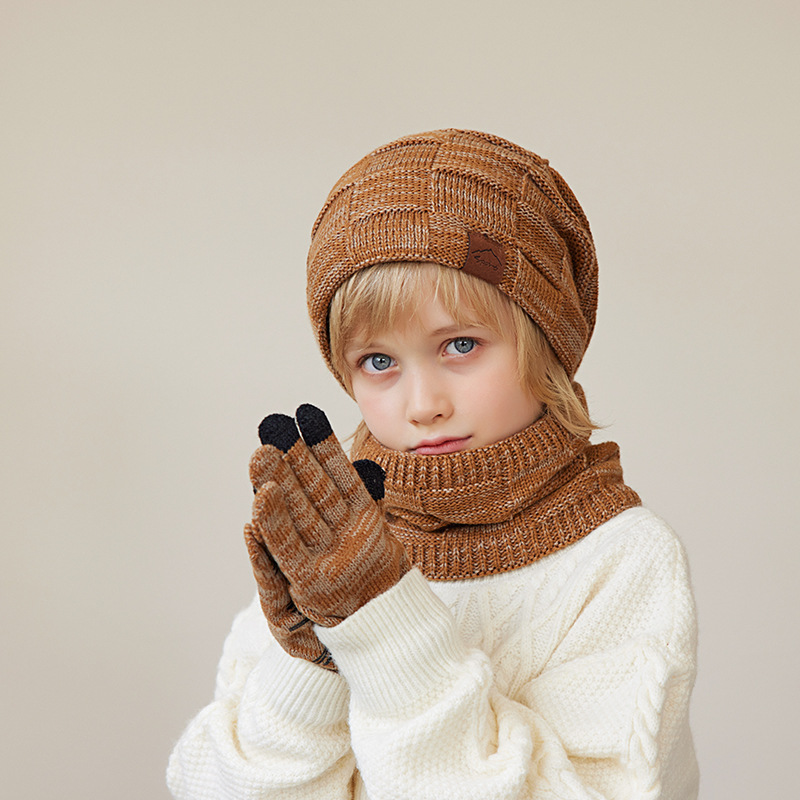 Fashion Children's Three-piece Set-caramel Acrylic Children's Knitted Label Wool Hat Neck Scarf And Gloves Set