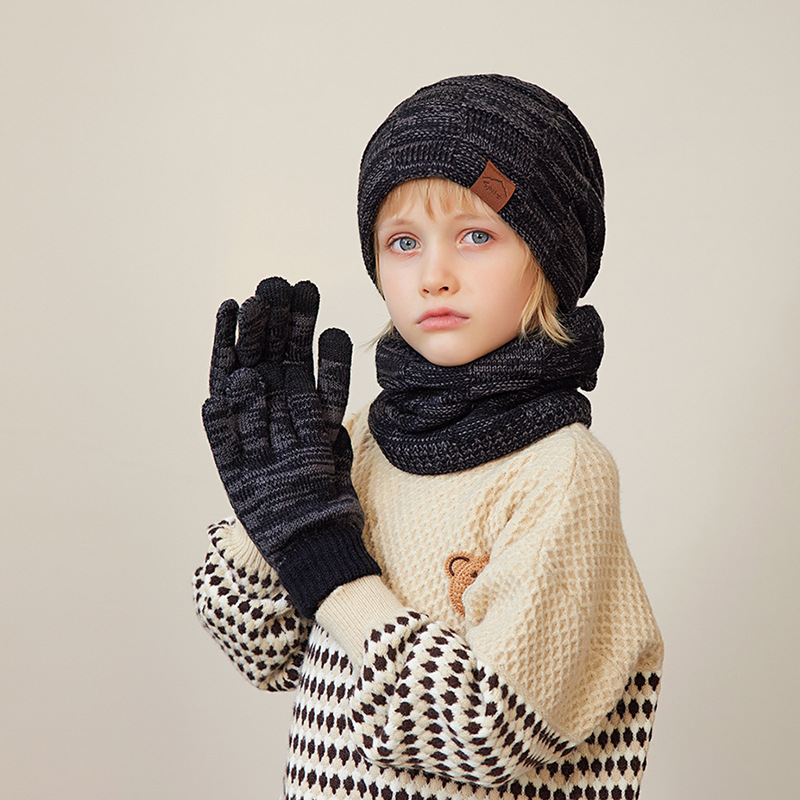 Fashion Children's Three-piece Set-black Acrylic Children's Knitted Label Wool Hat Neck Scarf And Gloves Set