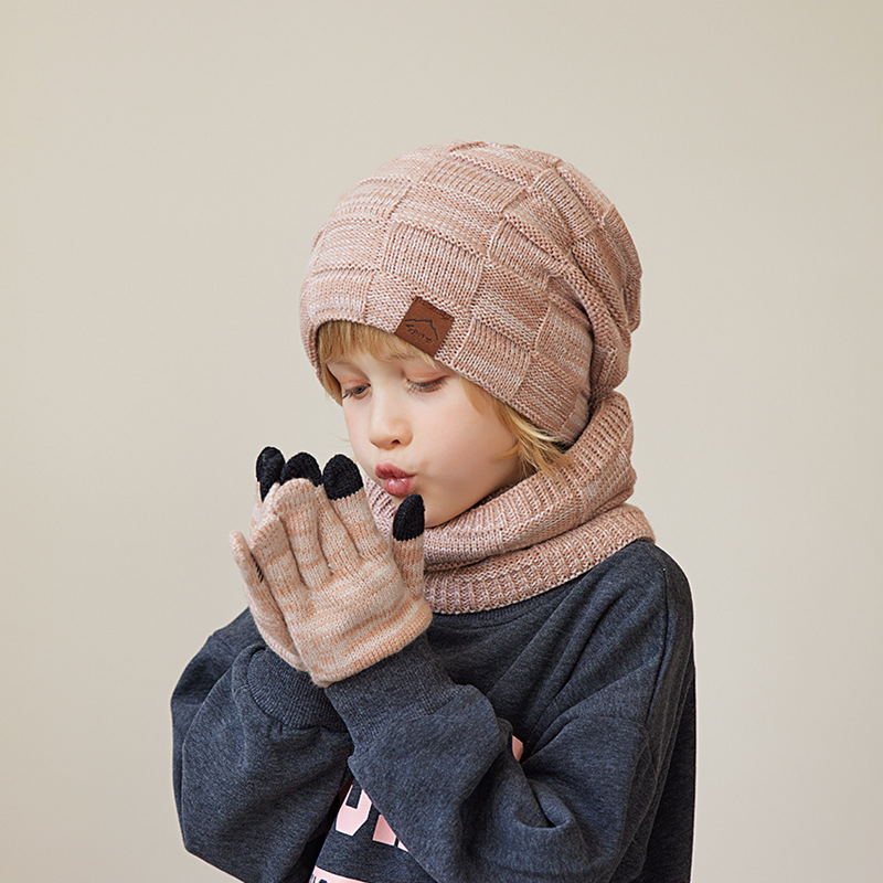 Fashion Children's Three-piece Set-pink Acrylic Children's Knitted Label Wool Hat Neck Scarf And Gloves Set