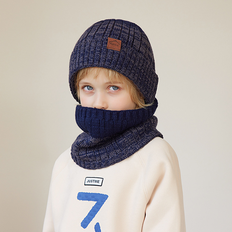 Fashion Children's Two-piece Set-navy Blue Acrylic Children's Knitted Label Beanie And Scarf Set