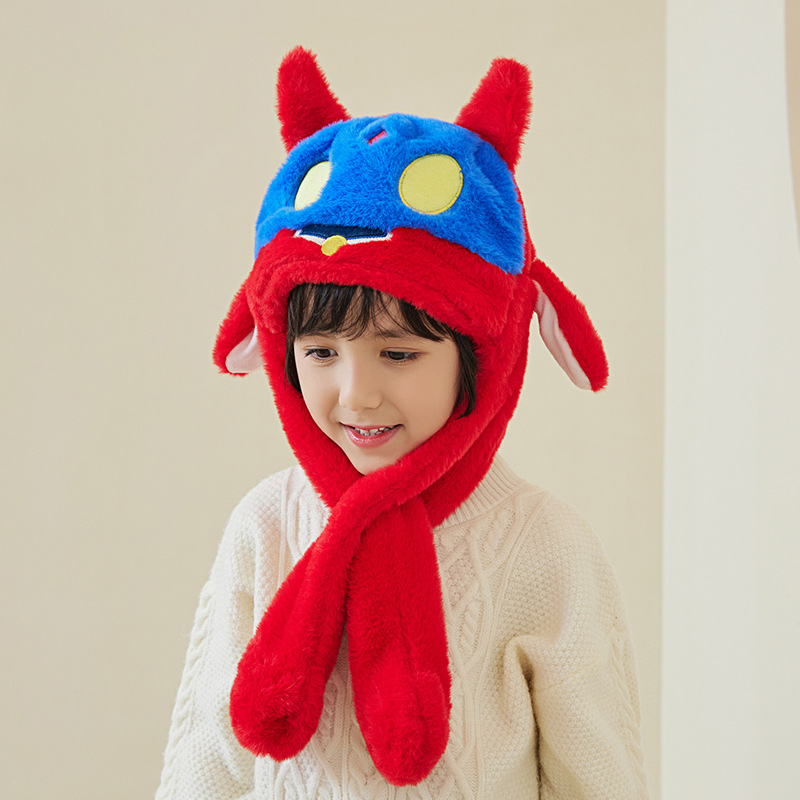 Fashion Red+blue Polyester Cartoon Monster Ears Moving Plush Scarf Integrated Children's Hood