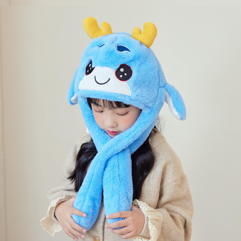 Fashion Blue Polyester Deer Ears Moving Plush Scarf Integrated Children's Hood