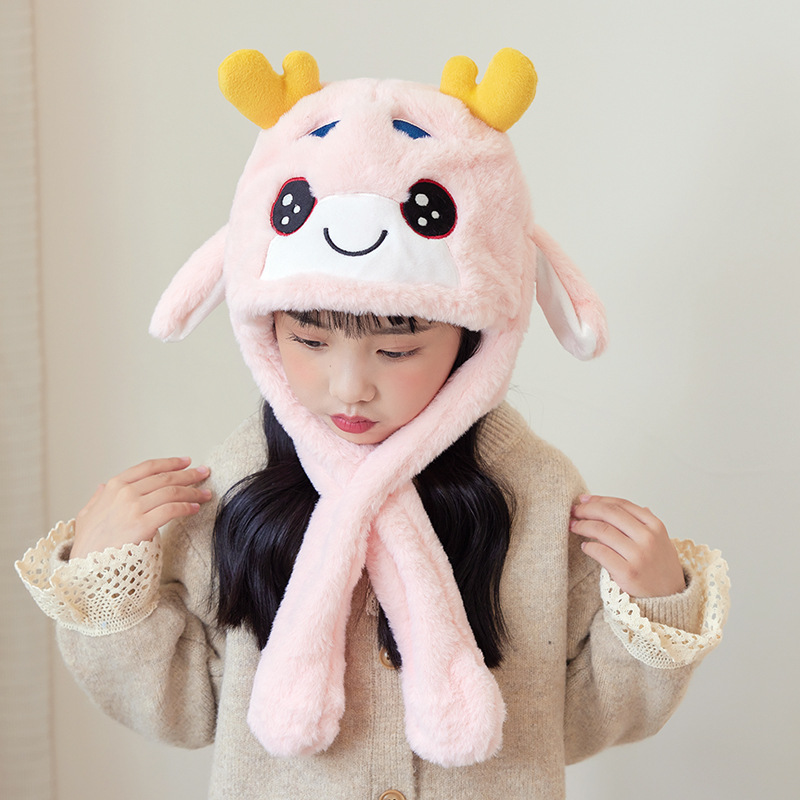 Fashion Pink Polyester Deer Ears Moving Plush Scarf Integrated Children's Hood