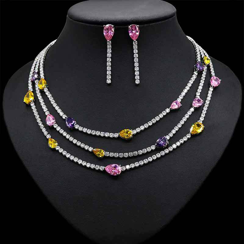 Fashion Colored Zirconium On White Background Geometric Zirconium Prong Chain Drop-shaped Necklace And Earrings Set