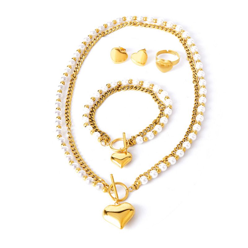 Fashion Four Piece Set Titanium Steel Pearl Beads Love Stud Earrings Ring Bracelet Necklace Set