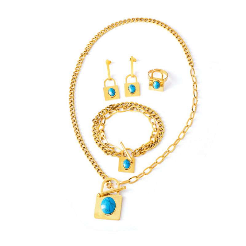 Fashion Four Piece Set Titanium Steel Turquoise Square Brand Earrings Ring Bracelet Necklace Set