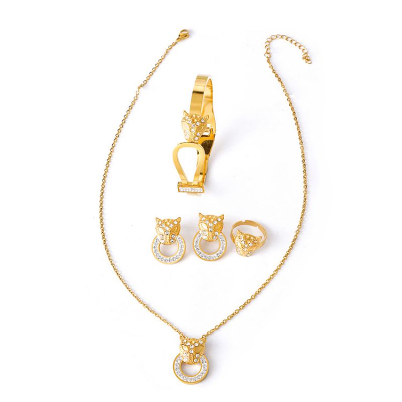 Fashion Gold Titanium Steel Diamond Geometric Earrings Ring Bracelet Necklace Set
