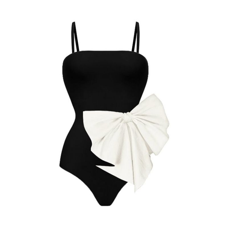 Fashion Black Polyester Color Block Bow One Piece Swimsuit
