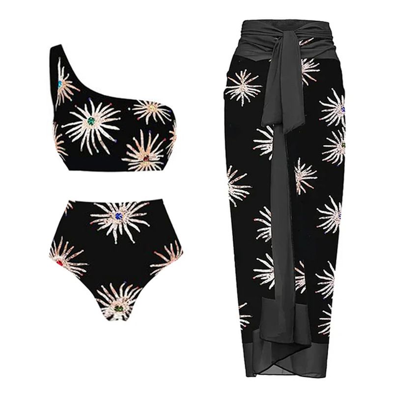 Fashion Fireworks Split Set Polyester Printed Swimsuit With Knotted Beach Skirt Set