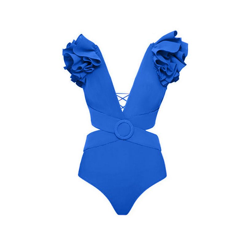 Fashion Single Blue Swimsuit Polyester V-neck One-piece Swimsuit