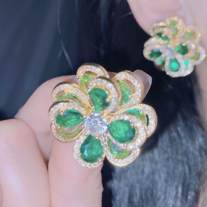 Fashion Earrings 0212 Emerald Extra Large Copper Inlaid Zirconium Flower Stud Earrings