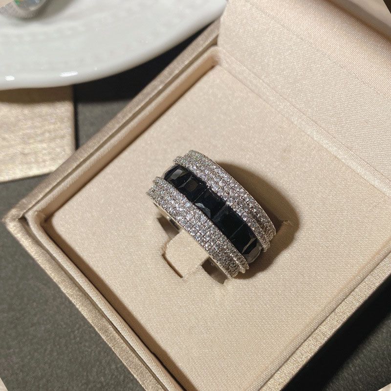 Fashion Ring 0568 Carbon Black Copper Inlaid Zirconium Geometric Mens Ring