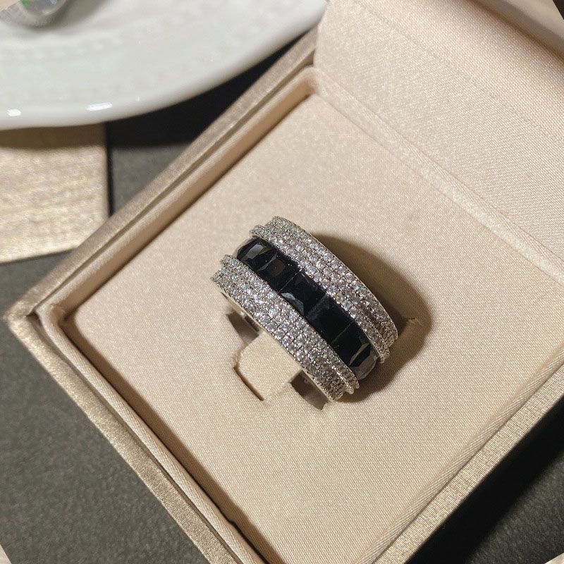 Fashion Ring 0568 Carbon Black Copper Inlaid Zirconium Geometric Mens Ring