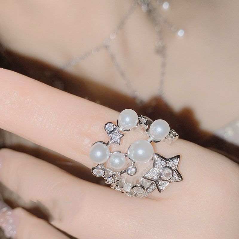Fashion Ring 0619 Gypsophila Copper Set Zirconium Five-pointed Star Pearl Open Ring