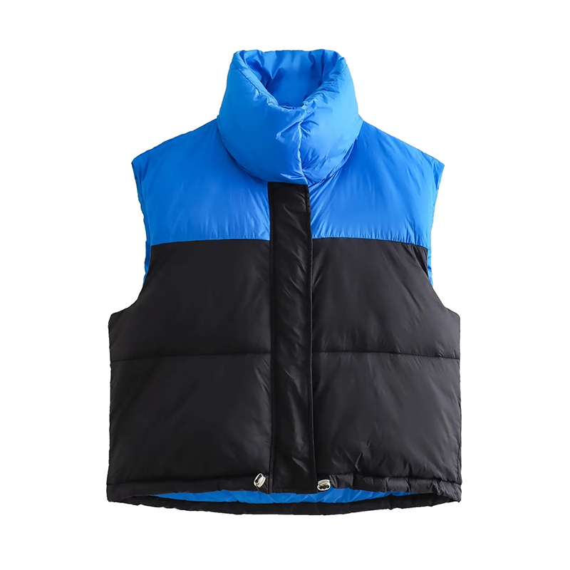 Fashion Black Blue Polyester Contrast Stand Collar Vest